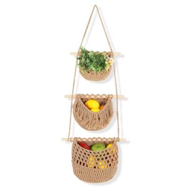Imagem de Cesta de frutas pendurada em 3 camadas, cestas de frutas vegetais para pendurar na parede, cestas de armazenamento de tecido de algodão para organização, decoração de cesta de parede BOHO, organizador