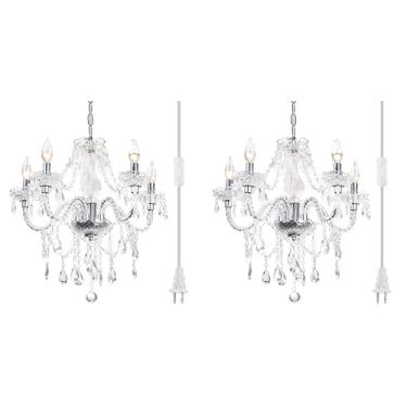 Imagem de 2 peças Plug-in 5 luzes de cristal penduradas lustre de acrílico com cordão transparente e interruptor liga/desliga H19 D19,7 para cozinha, ilha, sala de jantar, lavanderia