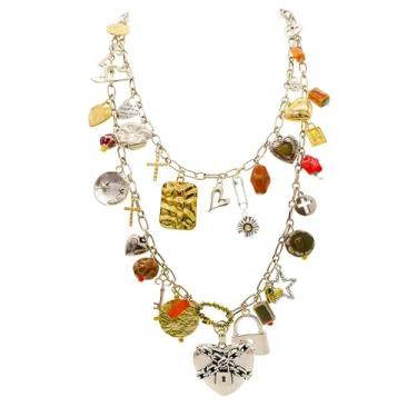 Imagem de iSPECIAL Colar de coração retrô grosso para mulheres, camada antiga, praia, oceano, lua, estrelas, boho, charme, colares, retrô, joia, Adjustable, Zinco, Sem Pedra Preciosa