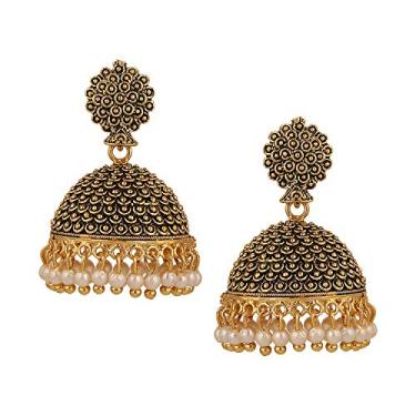 Imagem de Efulgenz Brincos Jhumka Oxidados para Mulheres Brincos Indianos Boho Oxidado Templo Tradicional Jhumka Jhumki Brincos para Mulheres Joias Indianas Oxidadas, One Size, Cobre, Sem pedra preciosa