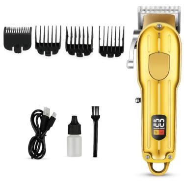 Imagem de Máquina de Cortar Cabelo Profissional Barbebador, Dourada, Recarregável por USB Tipo C, com 4 Pentes Guia, 5 Níveis de Ajuste de Comprimento, Kit Completo para Barbeiro