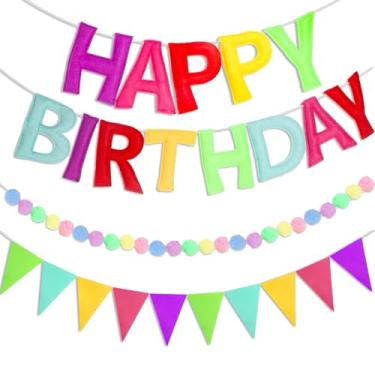 Imagem de Faixa de feliz aniversário de feltro pré-amarrada, conjunto de guirlanda de arco-íris vibrante de 3 peças - Decorações de festa reutilizáveis com pompom e triângulo para celebrações internas e