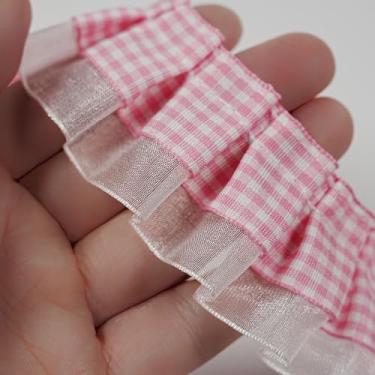 Imagem de Acabamento de 2 camadas com babados guingão de 2 metros, acabamento de tecido de fita de renda guingão para costura, artesanato, cortina, vestido de casamento, decoração de fronha (rosa)