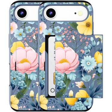 Imagem de MUQR Capa para celular 17 Air compatível com suporte de cartão fofo - Design Kawaii, proteção contra quedas de nível militar, capa carteira robusta para mulheres (flores de peônia azul)