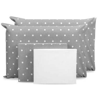 Imagem de Lençol SUPER KING 4 pçs Percal 180 Fios - Estampado 80% Algodão (POÁ CINZA - BRANCO)