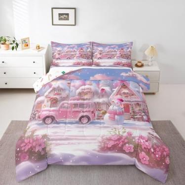 Imagem de Manfei Conjunto de edredom de Natal, caminhão, flor, boneco de neve, para decoração de quarto de crianças, meninas, tema de ano novo, edredom leve, 2 fronhas