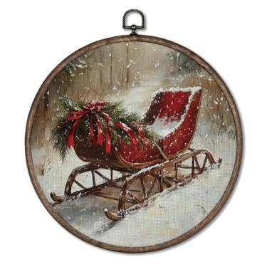 Imagem de Giosve Pôster emoldurado em tela redonda de trenó de Natal de inverno, casa de fazenda rústica, inverno, Natal, férias, pendurar esculturas de parede para decoração de casa, quarto, sala de estar, 25