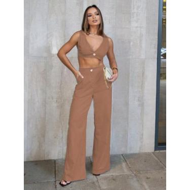 Imagem de Conjunto Top e Calça em Linho - Lunii, Marrom claro, GG