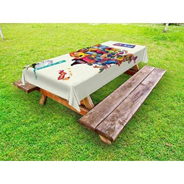 Imagem de Ambesonne Toalha de mesa com estampa de mapa, mapa dos EUA, litoral e girassóis, atrações turísticas Jersey vaca leite, milho, toalha de mesa decorativa lavável, 147 x 264 cm, multicolorida