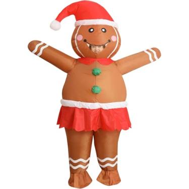 Imagem de FWV Fantasia de homem de gengibre para adultos, fantasias infláveis de Natal, fantasias engraçadas de personagens de Natal para mulheres, fantasia de Natal inflável