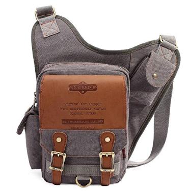 Imagem de Bolsa masculina vintage de lona com ombro mensageiro, bolsa de couro com patchwork, bolsa carteiro, Cinza, Medium