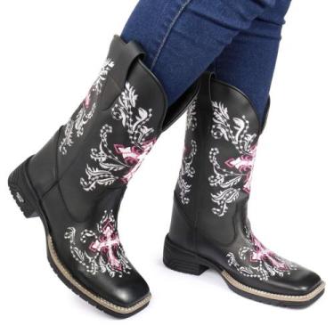 Imagem de Bota Texana Bico Qudrado Bordada CouroE Cano Sintetico Arietto, Preto,