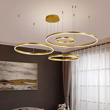 Imagem de Lustre de LED contemporâneo com anel regulável para sala de estar, cozinha e bar, luminária pendente de teto em acrílico com 4 anéis dourados (20+40+60+80 cm)