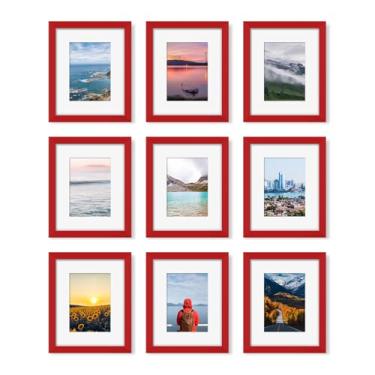 Imagem de YESKAY Conjunto de 9 porta-retratos 20 x 25 cm, exiba imagens 13 x 17 com tapete ou 20 x 25 sem tapete, várias molduras para montagem na parede ou mesa, vermelho