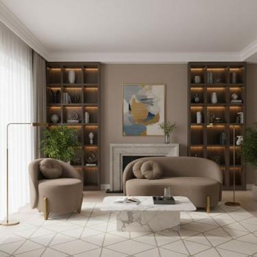 Imagem de Conjunto 01 Poltrona + Sofá Curvo Orgânico Amsterdã Bouclê Cappuccino 