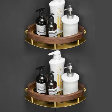 Imagem de Conjunto de acessórios de banheiro de madeira e cobre, suporte de toalha, suporte de papel, gancho de barra de toalha, kit de acessórios de banheiro, prateleira de toalha 12 (prateleira de canto211)