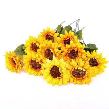Imagem de Girassóis artificiais realistas de 45 cm (conjunto de 10) para decoração de outono, buquê de girassol falso com hastes, girassóis falsos realistas para decoração de casa, centro de mesa, presente de
