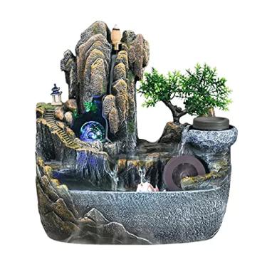 Imagem de Fonte de mesa fonte de água de mesa com cascata de rocha em cascata e fluxo de rocalha função de cascata interior zen com bomba automática para casa, escritório, quarto, decoração de escritor