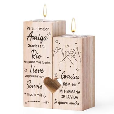 Imagem de Zainpe Castiçal Espanhol Bestie Friend Regalo para Amiga, Castiçal de Impressão Dupla Face Coração de Madeira Personalizado Amizade Aniversário para Melhor Amigo Alma Irmã Mulheres Menina