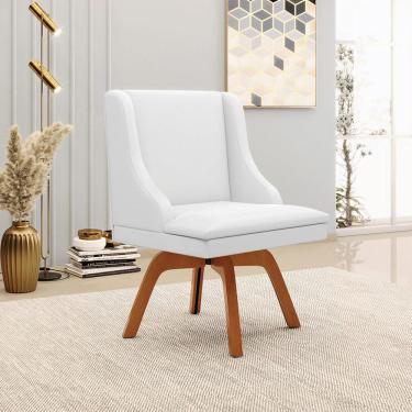 Imagem de Cadeira Decorativa Sala de Jantar Base Giratória de Madeira Firenze PU Branco Fosco/Natural G19 - Gran Belo