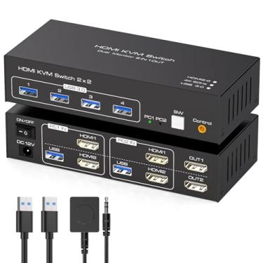 Imagem de Comutador HDMI KVM Dual Monitor 2 computadores suporta 4K @ 60Hz USB 3.0 KVM Switches compartilham dois monitores e 4 portas USB 3.0 suportam modo estendido/cópia com adaptador DC 12V e controle com
