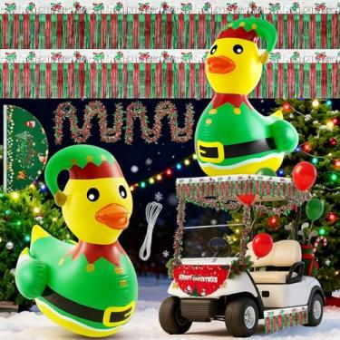 Imagem de Hungdao 9 peças de decorações de desfile de carrinho de golfe de Natal incluem 1 peça de pato gigante inflável de 1,2 m com bandeira flutuante, guirlanda de tinsel para decoração de Natal, carro