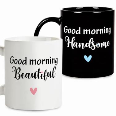 Imagem de Fatbaby Conjunto de canecas de café Good Morning Beautiful Handsome, conjunto de canecas de café para casal dele e ela, presentes de Natal para casais, namorado, namorada, xícara de chá de 325 ml