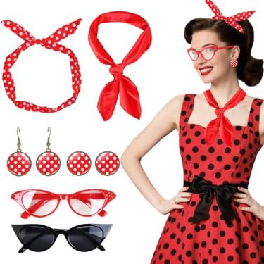 Imagem de Conjunto de acessórios retrô 50S vermelho preto rosa óculos de sol cachecóis tiaras brincos com estilo clássico vintage, Vermelho, tamanho �nico