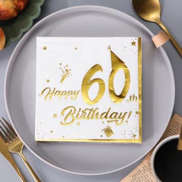 Imagem de 20 guardanapos elegantes de festa de aniversário de 60 anos - branco com "152.4 cm dourado e design festivo, polpa de madeira descartável de camada dupla, perfeito para Halloween, jantar comemorativo
