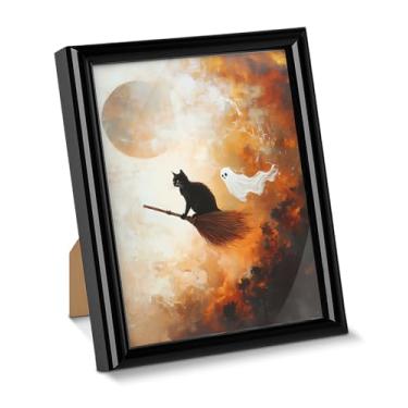 Imagem de Pôster de arte de parede de vassoura fantasma de gato bruxo assustador Dark Academia para decoração de mesa quadro emoldurado para decoração de parede de mesa de casa 15 x 20 cm, decoração de