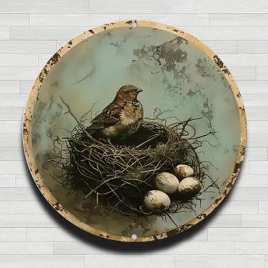 Imagem de Pássaro aninhado em ninho rústico com ovos vintage placa de parede redonda de alumínio rústico - 20 cm presentes internos e externos e decoração para casa, escritório, café e quintal