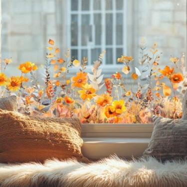 Imagem de Adesivos estáticos de vidro para plantas de flores amarelas murchas fáceis de remover, adesivos de janela para porta de vidro do quarto, decoração de Natal