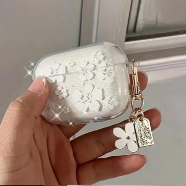 Imagem de Capa protetora compatível com AirPods Pro2, flor branca brilhante, capa de fone de ouvido branca, capa de fone de ouvido floral minimalista macia