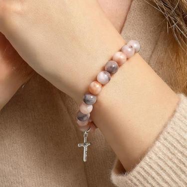 Imagem de Pulseira de pedra de zebra rosa para amor e equilíbrio - Pulseira de pedra zebra rosa de 8 mm com pingente de cruz, joia de pedra natural feita à mão, pulseira de fé de cartão de presente para