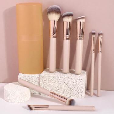 Imagem de Conjunto de pincéis de maquiagem de 7 peças, conjunto de pincéis profissionais de maquiagem para pó, base, sombra, corretivo, sombra, conjunto de pincéis de maquiagem com caixa de armazenamento (bege)