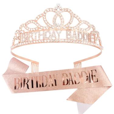 Imagem de Canitor Tiara de aniversário Baddie Decorações de aniversário, acessórios, lembrancinhas de festa, suprimentos para mulheres adultas e meninas, Ouro rosa, one size fit all