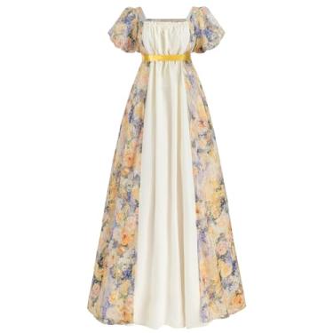 Imagem de CR ROLECOS Vestido feminino Regency Regency cintura império fantasia vitoriana vestidos de cetim luxuosos, Amarelo, G