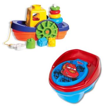 Imagem de Kit Troninho Pinico Infantil 2 em 1 Carros+Brinquedo Barco Encaixar Pe
