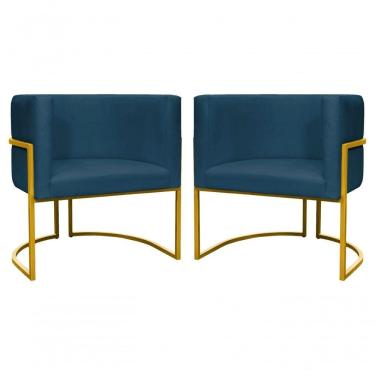 Imagem de Kit 2 Poltronas Decorativa Luxo Base De Metal Dourada Escritório Recepção Sala Suede Azul Marinho Eli Móveis E Decoração