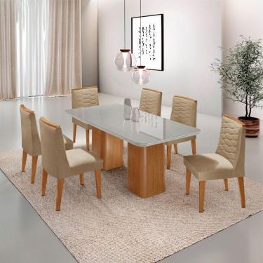Imagem de Mesa De Jantar Eloise Tampo MDF Vidro Com 6 Cadeiras Moderna Turim Off White Naturale