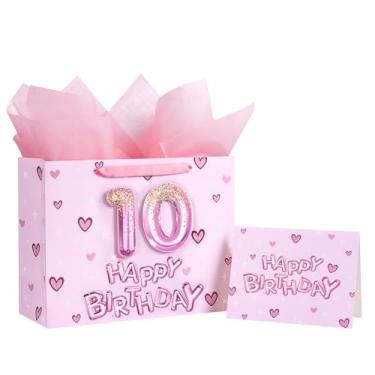 Imagem de Loveinside Bolsa de presente de aniversário de 10 anos para meninas, design rosa número 3D 10 balões e corações, bolsa de tamanho médio com papel de seda, etiqueta, cartão comemorativo, ideal para