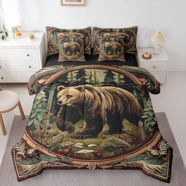 Imagem de Erosebridal Jogo de lençol Queen com cama de urso em uma bolsa, cabana de caça na selva, natureza, vida selvagem, respirável, leve, casa de fazenda, marrom, lençol com elástico, reversível