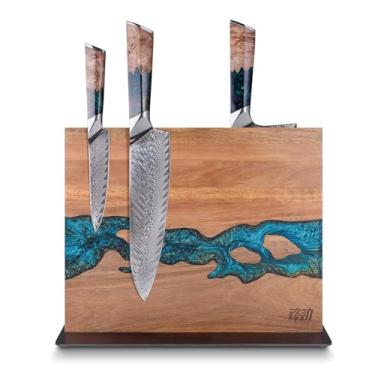 Imagem de FINDKING bloco de faca magnético, porta-facas de dupla face, armazenamento de facas de cozinha com ímã poderoso, madeira de acácia e resina, marrom, 12 x 10 polegadas (sem facas)