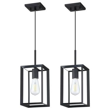 Imagem de 2 unidades, 1 luminária suspensa para cozinha, ilha de fazenda, luminária de teto com pingente interno, gaiola de lanterna de 14,5 cm, acabamento preto, para pia e sala de jantar, corredor