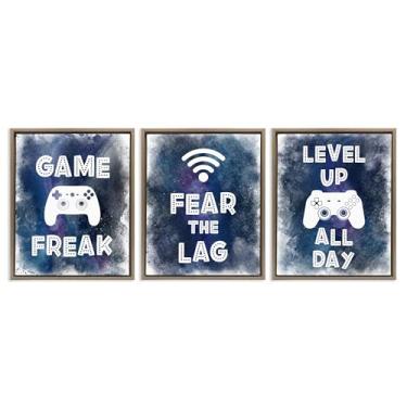 Imagem de Stupell Industries Gamer Quotes with Splash Conjunto de tela flutuante com moldura preta de 3 peças, design por Marcus Prime, 89 x 63 cm