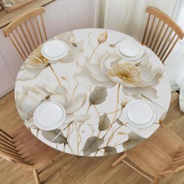 Imagem de WNRRNW Toalha de mesa redonda, toalha de mesa elástica impermeável com flores douradas brancas, capa circular para decoração de piquenique ao ar livre, P