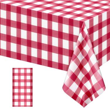 Imagem de 1 pacote com toalhas de mesa vermelhas listradas, capas de mesa retangulares de plástico descartáveis, 137 x 272 cm, toalhas de mesa xadrez vermelhas e brancas à prova d'água para piquenique