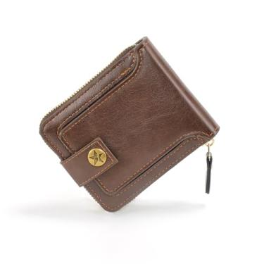 Imagem de Carteira masculina dobrável portátil com bolso com zíper e compartimento para cartão de crédito e porta-cartão com zíper, Marrom-claro, Marrom claro - zíper curto