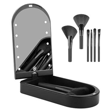 Imagem de barenx Caixa de espelho de maquiagem dobrável portátil para uso doméstico com luz de LED, conjunto de pincéis de cosméticos, rotação de 360°, interruptor de toque de luz para viagens