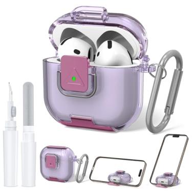 Imagem de QINZAC Capa de bloqueio seguro para AirPods 4 com suporte de telefone, capa protetora de TPU macio à prova de choque para AirPods 4ª geração, capa transparente para Airpod 4 com caneta de limpeza e